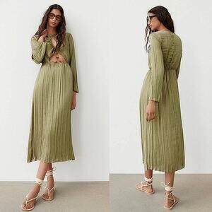 NEW Zara Khaki Olive Green Silky Satin Cutout Long Sleeve Midi Maxi Dress Sz XS